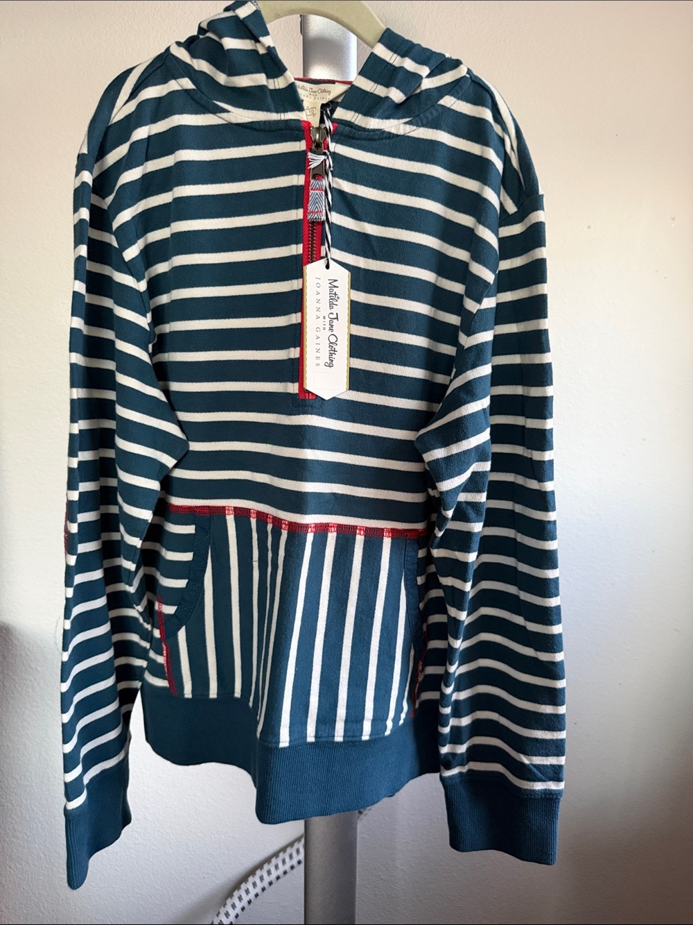 Matilda Jane Teal and White Striped Hoodie with Red Trim